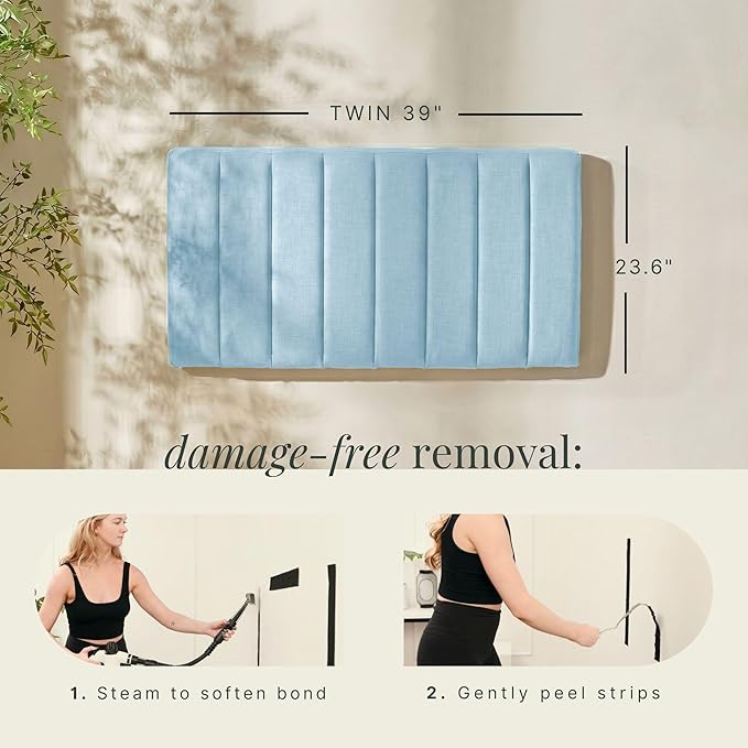 Hearth & Harbor Upholstered Twin Headboard - Easy Assemble Channel Stitched Headboard Twin Size - Wall Mounted Headboards with 3D Soundproof Wall Panels Peel & Stick Floating Headboards, 08-Ice Blue