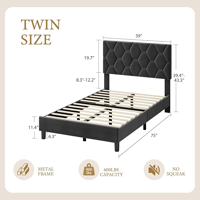 GarveeHome Grey Twin Bed Frame with Upholstered Headboard, Upholstered Bed Frame, Heavy-Duty Platform Bed Frame with Adjustable Headboard, Strong Wood Slat Support/No Box Spring Needed/Noise Free