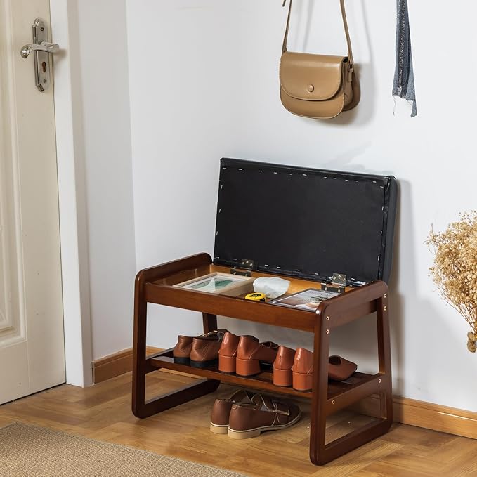SOBIBO Shoe Bench with Storage - 2-Tier Entryway Bench, Solid Wood Shoe Rack with Cushion & Flip-Open Box, Mid-Century Modern for Hallway, Mudroom, Bedroom (Black, 21.65")