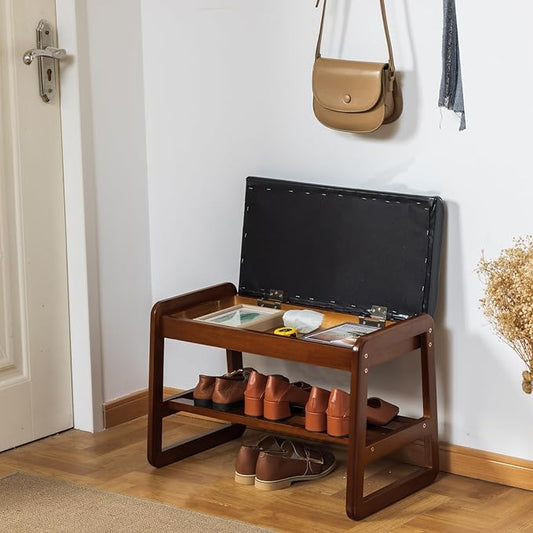 SOBIBO Shoe Bench with Storage - 2-Tier Entryway Bench, Solid Wood Shoe Rack with Cushion & Flip-Open Box, Mid-Century Modern for Hallway, Mudroom, Bedroom (Black, 21.65")