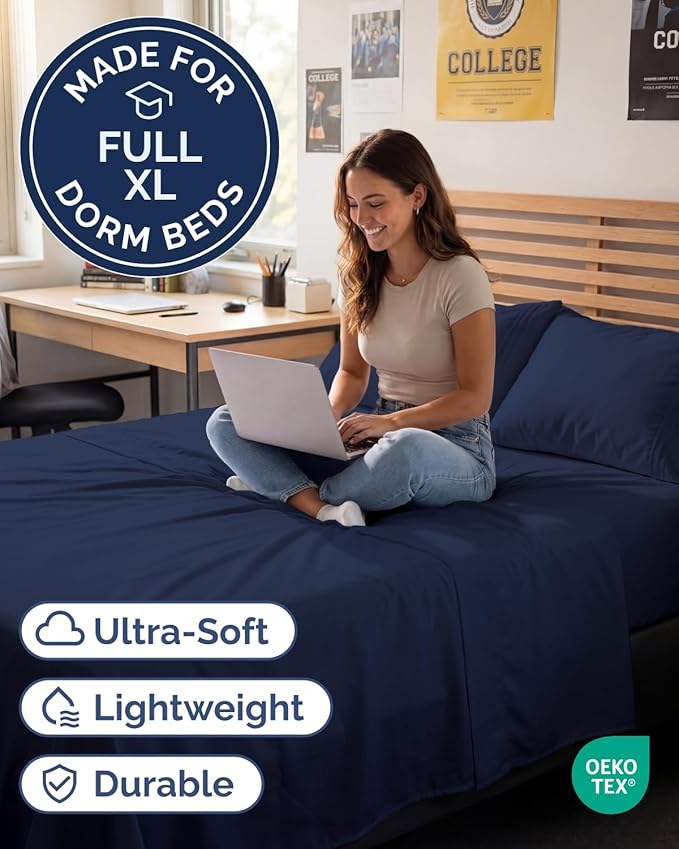 Full XL Bed Sheet - 4 Piece Full XL Bed Sheets Set - Ultra-Soft, Breathable & Cooling - Hotel Luxury Bedding for Women & Men with Deep Pockets - Wrinkle Free & Fade Resistant - Oeko-Tex - Navy Blue