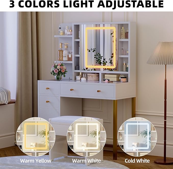 White Vanity Desk with LED Lighted Mirror & Power Outlet, 3 Lighting Modes, Brightness Adjustable Glass Top Makeup Table for Bedroom, White and Gold Dressing Table for Women – Beauty Station & Organiz
