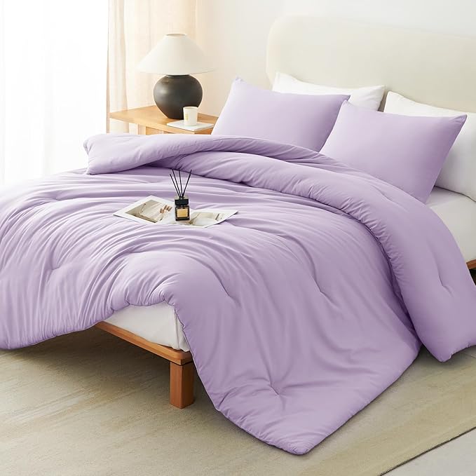 CozyLux Oversized King Comforter Set Lavender, 3 Pieces 120x98 Solid Breathable Bedding Sets All Seasons, Light Purple Luxury Soft Lightweight Bed Set with Down Alternative Comforter and 2 Pillowcases