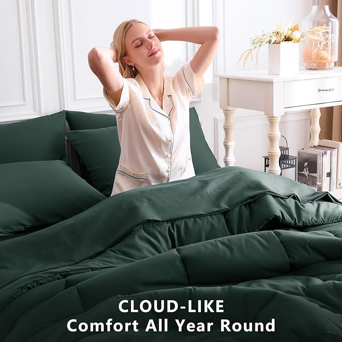 CozyLux Queen Comforter Set Forest Green, 7 Pieces Bed in a Bag, Green Comforters Queen Size, All Season Bedding Sets with Stitch Quilted Comforter, Flat Sheet, Fitted Sheet, Pillowcases