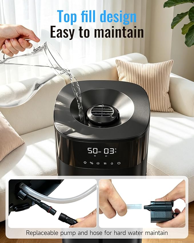 Lacidoll Humidifier Large Room, 5.3Gal/20L Humidifiers for Home 2500 sq ft, Cool Mist Whole House Humidifiers with Diffuser Extended Tube, Top Fill Air Humidifier for Bedroom Nursery Baby Plants Black