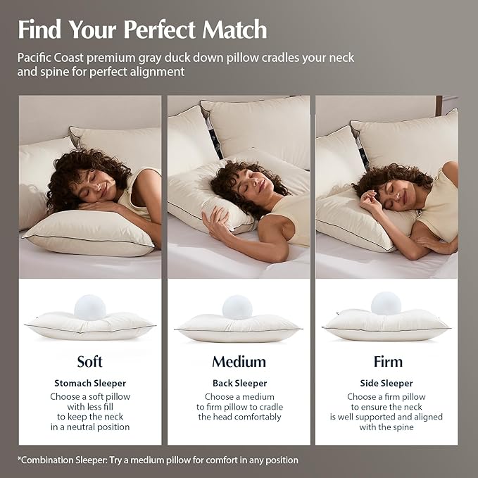 Pacific Coast Down Pillow, Luxury Hotel Collection Bed Pillow for Sleeping, Queen Size of 1, 100% Organic Cotton Shell, 650 Fill Power, Soft Pillows, Suit for Stomach Sleepers
