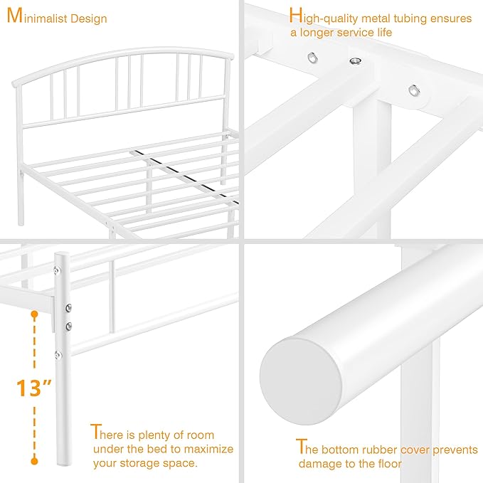 VECELO 14 inch Full Bed Frame White Beds Metal Platform Mattress Foundation with headboard Footboard Steel Slat Support/No Box Spring Needed/Easy Assembly