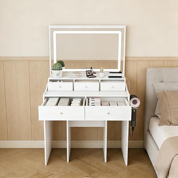 Casaphoria Large Makeup Vanity Desk with Mirror, 5 Drawers & Power Outlet for Bedroom - Modern Dressing Table with Adjustable LED Lights & Hair Dryer Holder, White