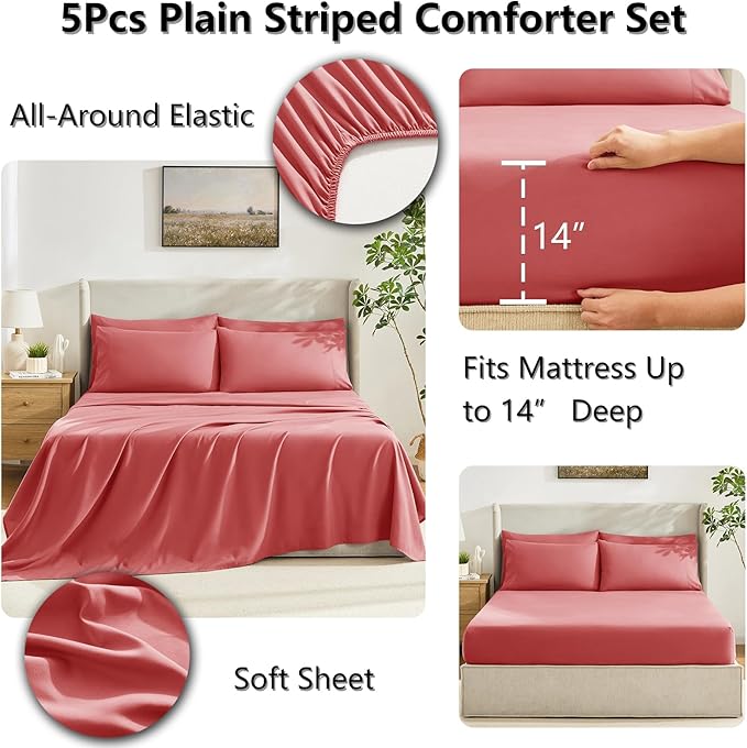 CozyLux Twin XL Comforter Set Coral, 5 Pieces Twin Extra Long Bed in a Bag for College Dorm, All Season Bedding Set with Stitch Quilted Comforter, Flat Sheet, Fitted Sheet, Pillowcases
