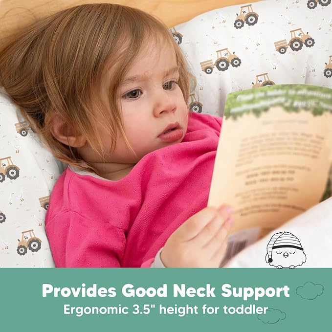 Toddler Pillow with Pillowcase - 13x18 My Little Dreamy Kids Travel Bed Pillows for Sleeping, Organic Cotton Small Pillowcase, Soft & Breathable, Machine Washable, Toddlers 2-5 years old (Tractor)