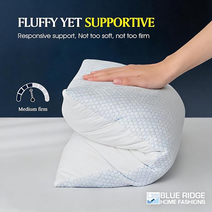 Blue Ridge Home Fashions Cooling Bed Pillows King Size Set of 2, Reversible Cooling & Cotton Fabric, Medium Firm, Down Alternative Breathable Support for Hot, Side, Back & Stomach Sleepers, 20" x 36"
