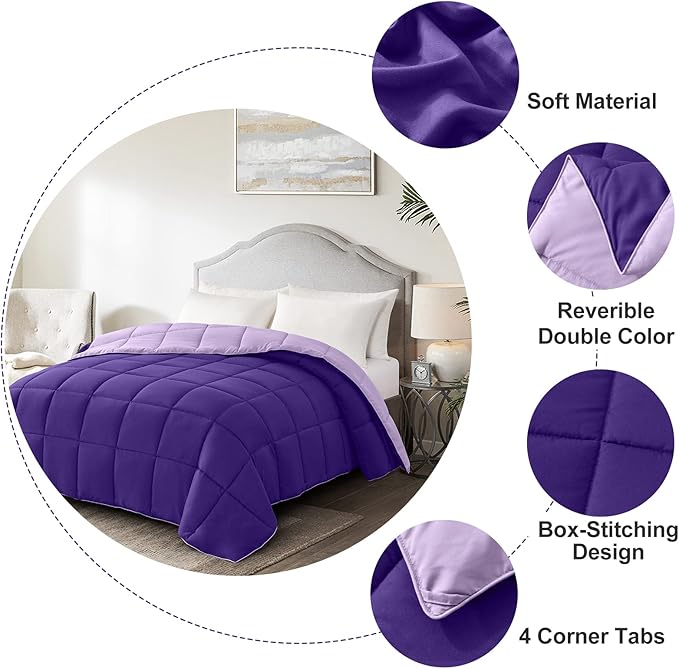 Homelike Moment Twin Comforter Duvet Insert - Purple Down Alternative Bed Comforter Twin Size, Lightweight Bedding Comforters Quilted Soft All Season Reversible Plum/Light Purple