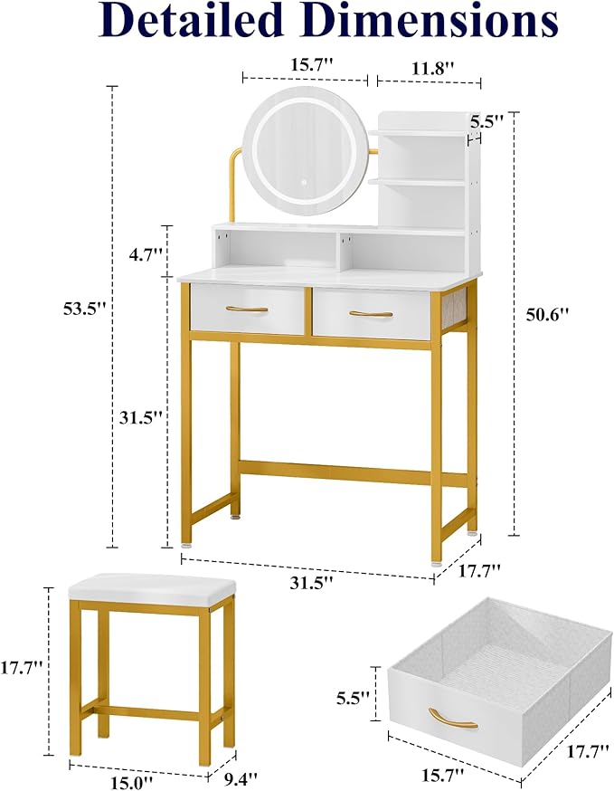 Kitsure Vanity Desk with Mirror and Lights - 3 Mode Lighted Makeup Vanity for Girls, Anti-Tipping Small Vanity with Chair for Bedrooms, Dressing Rooms, Walk-in Closet, Gold, 31.5" x 17.7" x 50.6"