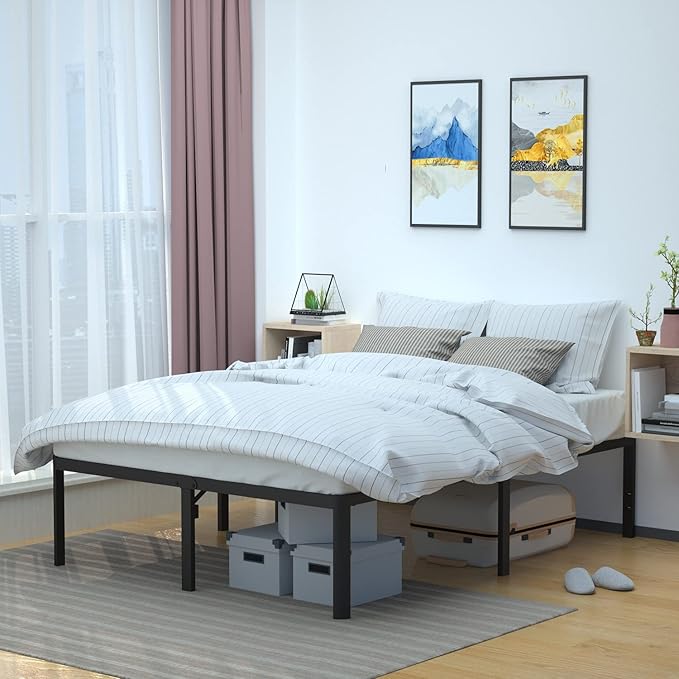 Amazon Basics Heavy Duty Non-Slip Sturdy Bed Frame with Steel Slats, No Box Spring Needed, Noise Free, Easy Assembly, 18" H, Full, Black