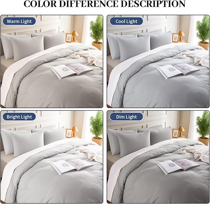 NEXHOME PRO Duvet Cover Set 100% Washed Cotton Full Size Linen Feel Textured Organic Natural 3 Pieces Bedding Set with Zipper Closure and Corner Ties, Breathable and Soft (Light Grey, No Comforter)