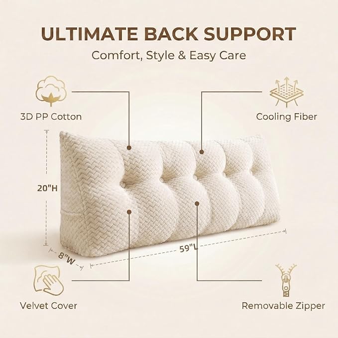 Headboard Pillow Queen Size, Reading Pillow for Bed, Wave Pattern Wedge Pillow, Tufted Backrest Support, Headboard Substitute, Beige