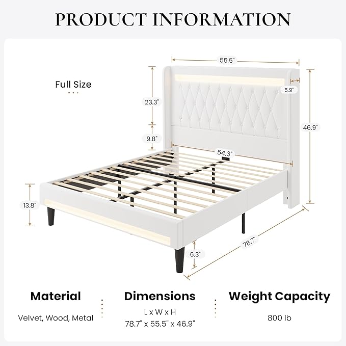 SHA CERLIN Full Size LED Bed Frame with Charging Station, Velvet Upholstered Platform Bed with High Wingback Headboard, No Box Spring Needed, Easy Assembly, White