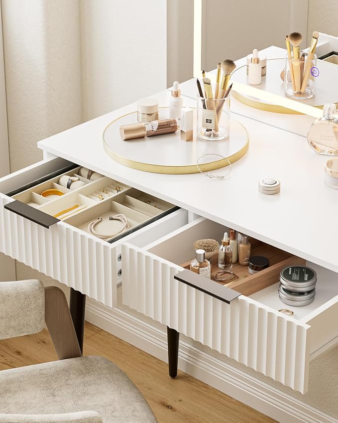 Vanity Desk with Large Mirror and Lights, Small Makeup Vanity Table with 2 Drawers, Dressing Table with 3 Adjustable Lighting Color, Small Makeup Desk for Bedroom, White with Black Leg