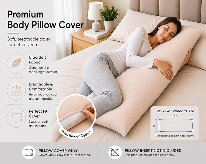 EVOLIVE Body Pillow Cover 21"x54", Ultra Soft Microfiber Pillowcase with Hidden Zipper, Breathable, Machine Washable, for Side Sleepers, Cover Only (21"x54" Body Pillow Cover, Latte)