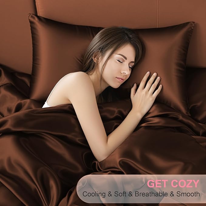 Silk Pillow Cases 2 Pack Queen Size with Hidden Zipper, Mulberry Silk Pillowcase for Hair and Skin, Smooth and Soft Breathable Cooling Silk Satin Pillowcase Set of 2, Gifts for Women，Brown