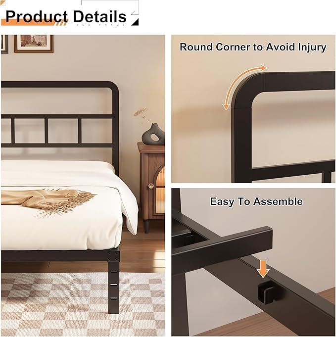 Husleephu Twin XL Bed Frames with Headboard, 12 Inch Twin XL Metal Bed Frame No Box Spring Needed, Heavy Duty Metal Slats, Noise Free, Easy Assembly, Black