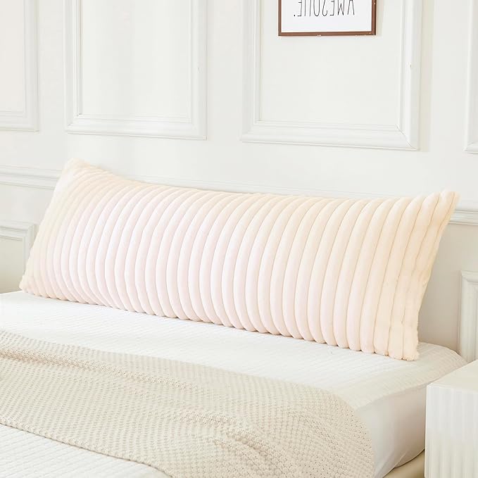JAUXIO Faux Fur Fluffy Body Pillow Cover Luxury Textured Vertical Stripe Plush Decorative Pillowcase, Ultra Soft and Cozy with Zipper Closure 21 x 54 Inches, Beige