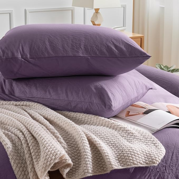 NEXHOME PRO Queen Duvet Cover Set, 100% Washed Cotton with Linen-Like Texture, Natural Organic, Breathable & Comfortable, Includes Home Bedding Set Dusty Purple (No Comforter) 9090