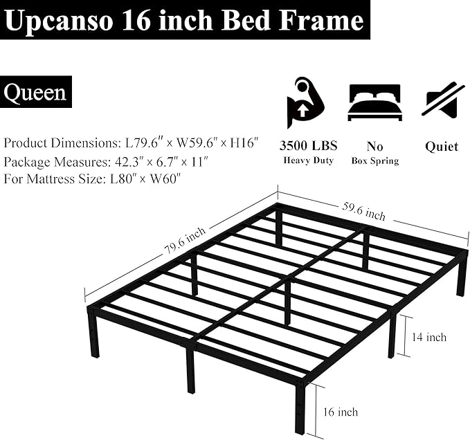 Upcanso 16 Inch Queen Bed Frame No Box Spring Required, Metal Platform Queen Size Bed Frames with 14 Inch Storage, 3,500 lbs Heavy Duty Steel Slats Support, Easy Assembly Mattress Foundation