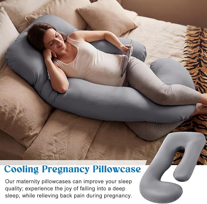 Hahafelt Cooling Pregnancy Pillow Cover (Only Pillowcase) 59 Inch Large J Shaped Full Body Pillowcase Maternity Stretchy Soft Breathable Cool Pillow Cover with Zipper for Side Sleeper (Dark Gray)