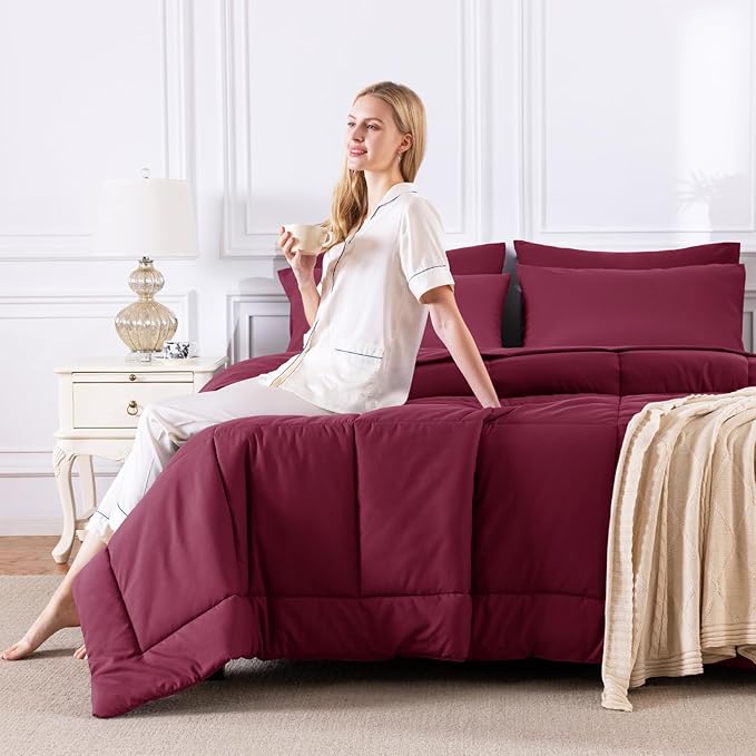 CozyLux Queen Comforter Set Burgundy, 7 Pieces Bed in a Bag, Red Comforters Queen Size, All Season Bedding Sets with Stitch Quilted Comforter, Flat Sheet, Fitted Sheet, Pillowcases