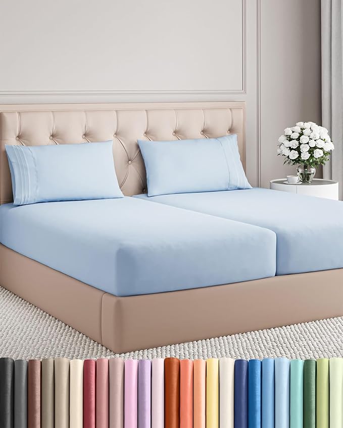 Split King Size 5 Piece Sheet Set - Comfy Breathable & Cooling Sheets - Hotel Luxury Bed Sheets for Women & Men - Deep Pockets, Easy-Fit, Soft & Wrinkle Free Sheets - Sky Blue Oeko-Tex Bed Sheet Set