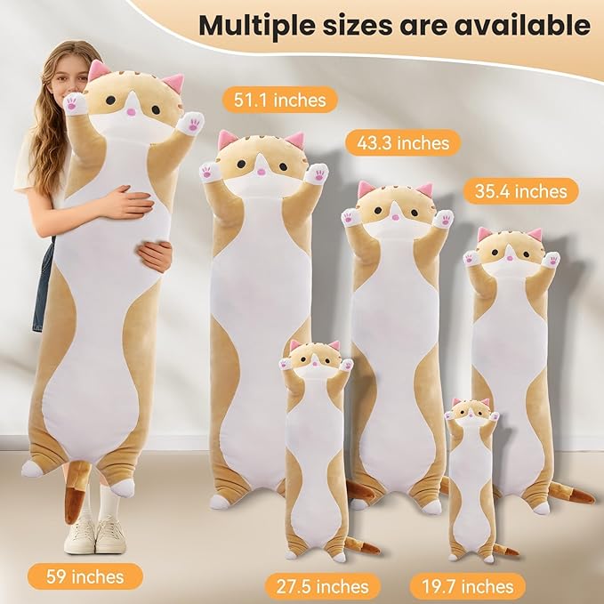 Cute Cat Plush Long Body Pillow – Soft Cartoon Stuffed Animal Doll, Kawaii Cat Plushie Cuddle Toy for Kids, Girls & Girlfriend (Brown, 51.1 Inch)
