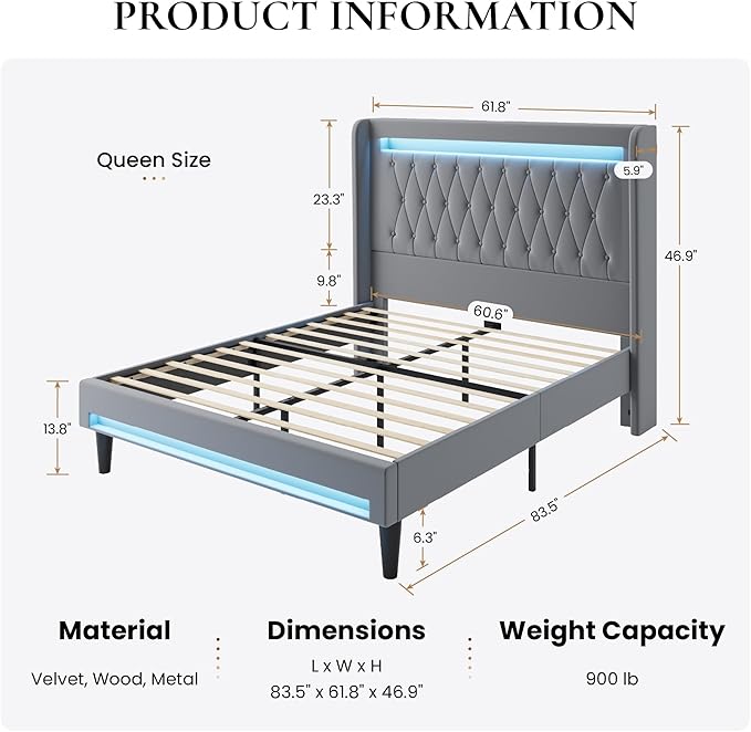 SHA CERLIN Queen Size LED Bed Frame with Charging Station, Velvet Upholstered Platform Bed with High Wingback Headboard, No Box Spring Needed, Easy Assembly, Grey