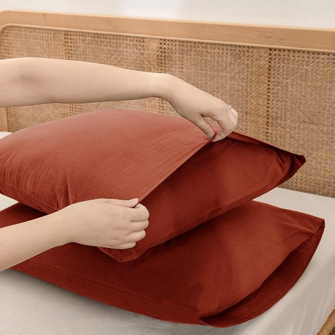 BESTOUCH 100% Washed Cotton Pillowcase for Hair and Skin Linen Feel Soft Comfortable Breathable 2 Set Pillow Case with Envelope Closure Solid Burnt Brick Red King 20x36 Inches