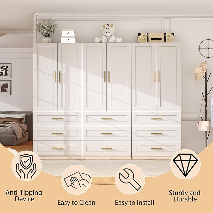 White Wardrobe with 6 Doors: 75" Tall Armoire Wardrobe Closet with 9 Drawers, Bedroom Closet Cabinet for Hanging Clothes, Wooden Storage Armoire with Shelves (Modern, 3)