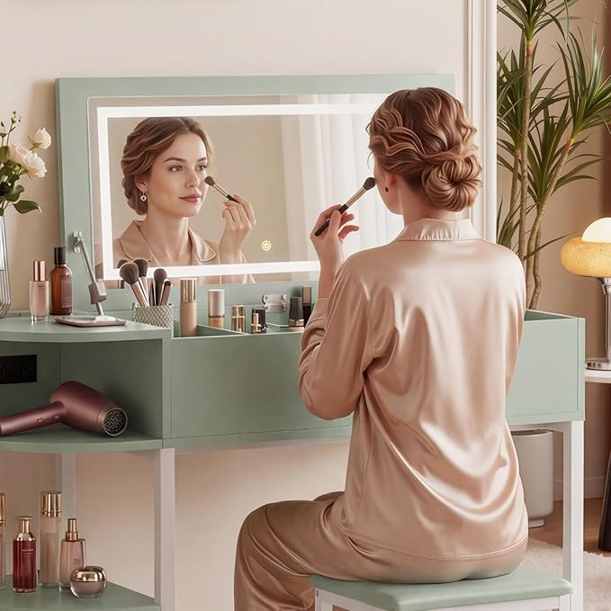 Cyclysio Vanity Desk with Flip Top Mirror and Lights, Makeup Vanity Desk with Drawers, Dressing Table with Storage Shelves & Charging Station, Small Vanity for Small Spaces, Green