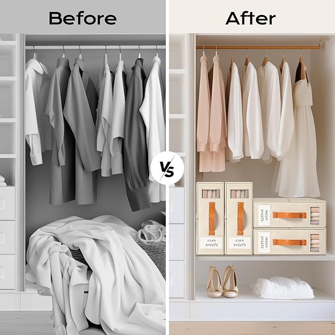 Yecaye 4 Pack Bed Sheet Organizer, Foldable Linen Closet Organizers and Storage (Queen & King Size) with Window & Label, Bedding Storage Box for Bedsheets, Duvet Covers and Pillow, Beige