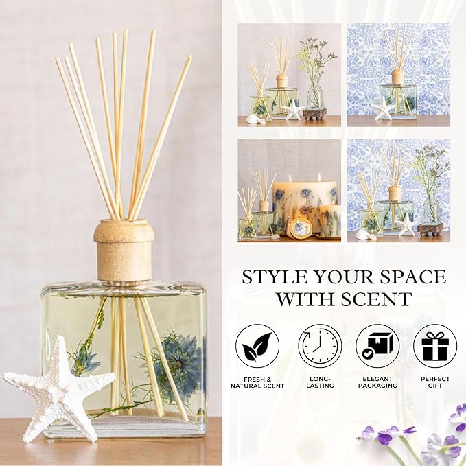Rosy Rings Sea Salt Mist Signature Diffuser, Single Piece, 13 oz Lasts 9-12 Months Square Glass Reed with Floral Embedded Flowers Coastal Aroma, Bathroom Livingroom Spa Decor Luxury Gift