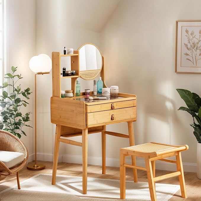 Tiita Vanity Desk, Makeup Vanity Table with Mirror, Dressing Table with 2 Drawers,Modern Wood Bedroom Vanity Vintage Dressing Table for Women Girls, Wood