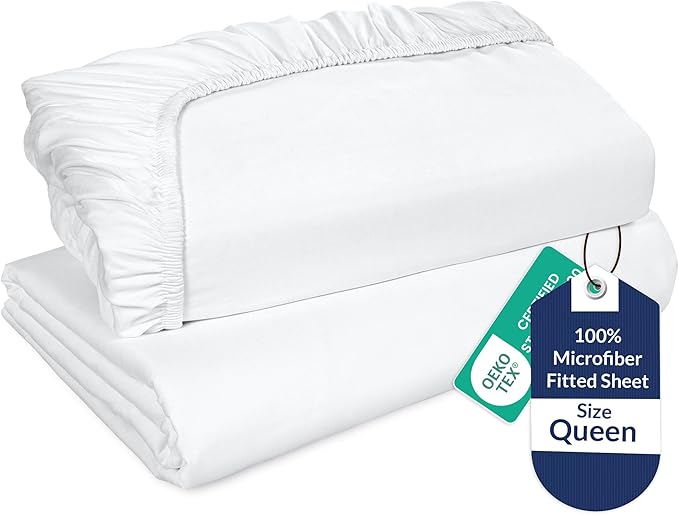 Royale Linens 2 Pack Fitted Sheet - Elastic Sheets - Queen Fitted Sheet Only -Soft & Breathable - Brushed 1800 Microfiber- Stain Resistant- Hotel Quality Deep Pocket Stretches Up to 16" (Queen, White)