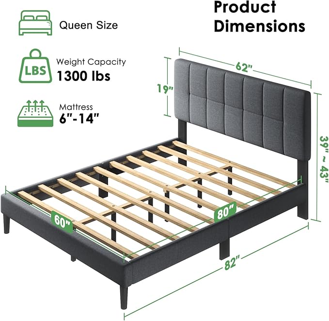 Marsail Queen Size Bed Frame, Sturdy and Durable with 12 Support Legs, 1300 lbs Capacity, Solid Wooden Upholstered Adjustable Headboard for 6"-12" Mattresses, Easy Assembly, Ideal Height, Dark Gray