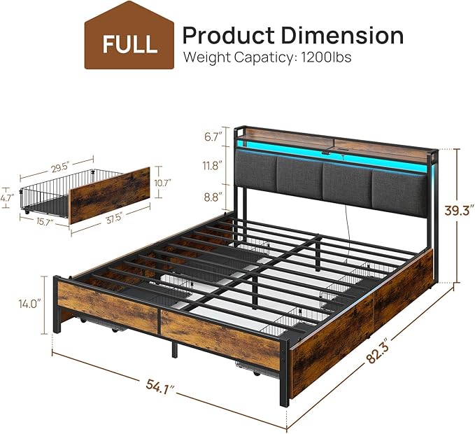 Rolanstar Bed Frame Full Size with Charging Station and LED Lights, Upholstered Storage Headboard with Drawers, Heavy Duty Metal Slats, No Box Spring Needed, Easy Assembly, Rustic Brown