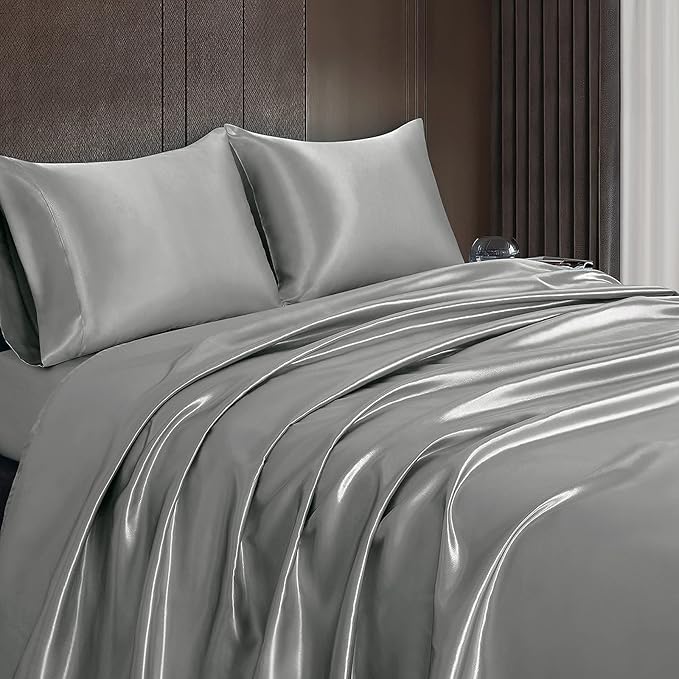 Homiest 3pcs Satin Sheets Set Luxury Silky Satin Bedding Set with Deep Pocket, 1 Fitted Sheet + 1 Flat Sheet + 1 Pillowcase (Twin Size, Light Grey)