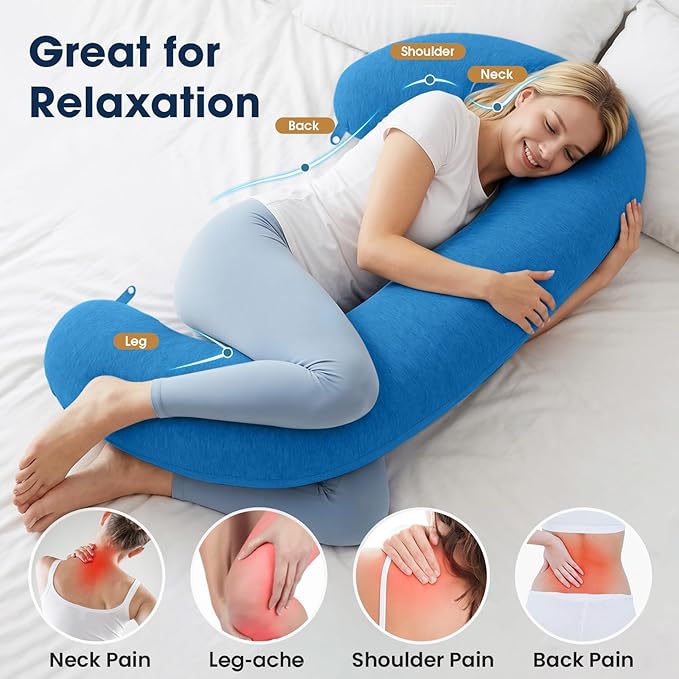 TranquilRelax C Shaped Body Pillow for Side Sleepers, Memory Foam Long Pillow for Leg, Hip & Back Support, Soft Washable Cover,Light Blue-47"*10"