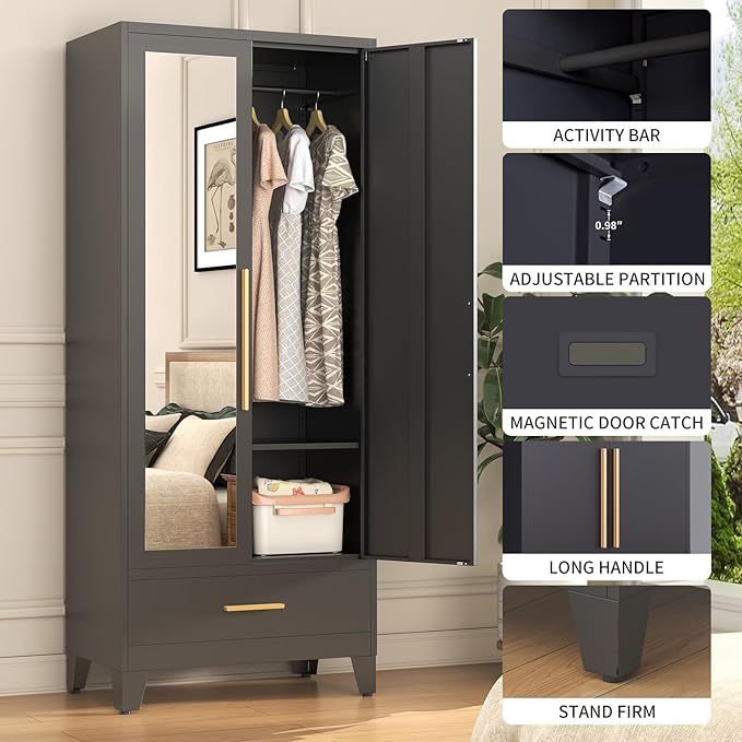 72" Tall Metal Wardrobe Closet - Large Clothing Storage Cabinet with 1 Hanging Rod, 1 Adjustable Shelve, 1 Drawer & Mirror Doors - Closet Organizer for Bedroom, Office, Laundry Room, Garage - Black