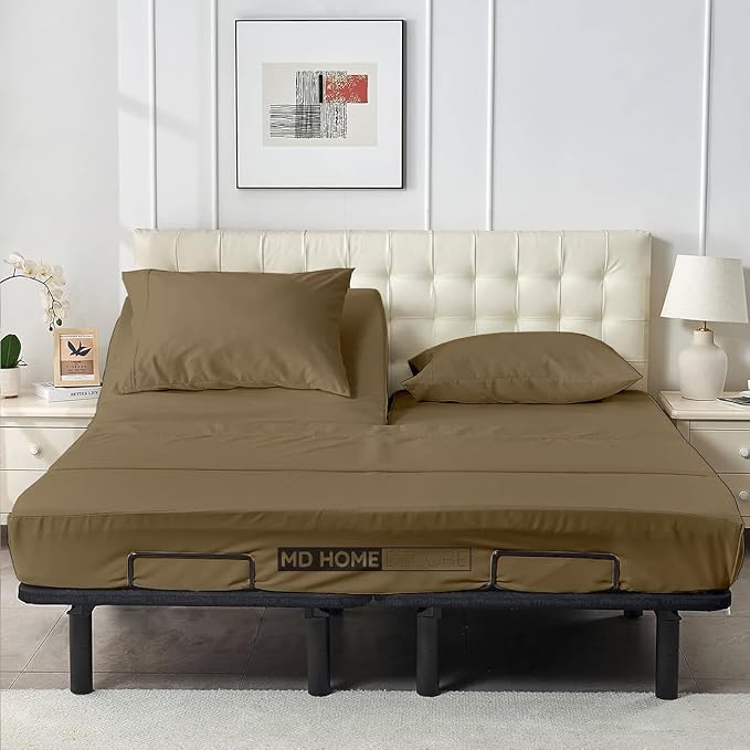 4 Piece Split Head Flex Sheet Set, 34" Top Split King Sheets for Adjustable Beds, 100% Egyptian Cotton, 16 Inch Deep Pocket, Soft Durable Breathable Sheets, Taupe Solid, Ideal for Adjustable Beds