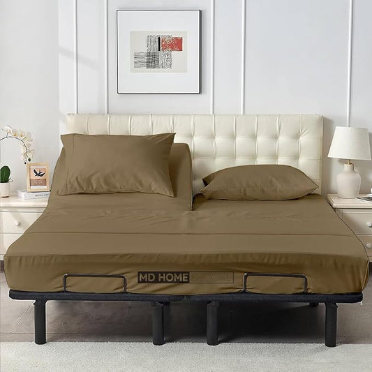4 Piece Split Head Flex Sheet Set, 34" Top Split King Sheets for Adjustable Beds, 100% Egyptian Cotton, 16 Inch Deep Pocket, Soft Durable Breathable Sheets, Taupe Solid, Ideal for Adjustable Beds