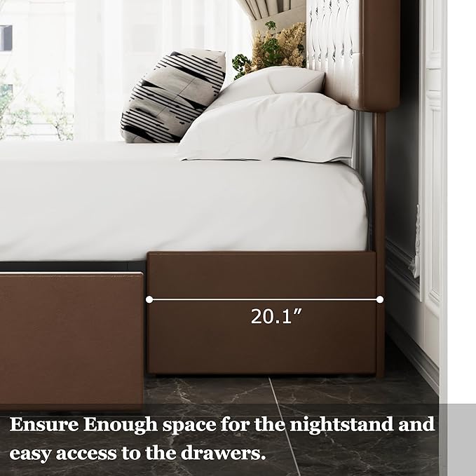 VECELO Queen Size Bed Frame with 3 Storage Drawers, Leather Upholstered with Diamond Tufted Headboard, Solid Wood Slat Support & Steel Framework, PU & Brown