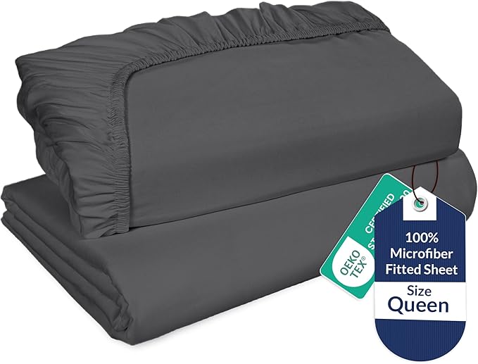 Royale Linens 2 Pack Fitted Sheet - Elastic Sheets - Queen Fitted Sheet Only -Soft & Breathable - Brushed 1800 Microfiber - Stain Resistant- Hotel Quality Deep Pocket Stretches Up to 16" (Queen, Grey)