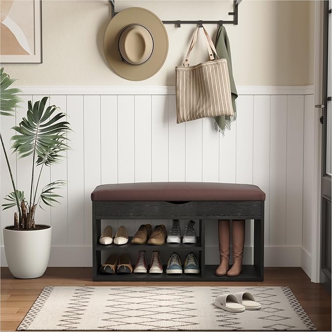 Apicizon Entryway Bench with Shoe Storage, Black, 2-Tier Shoe Rack, Padded Cushion, Wooden Frame